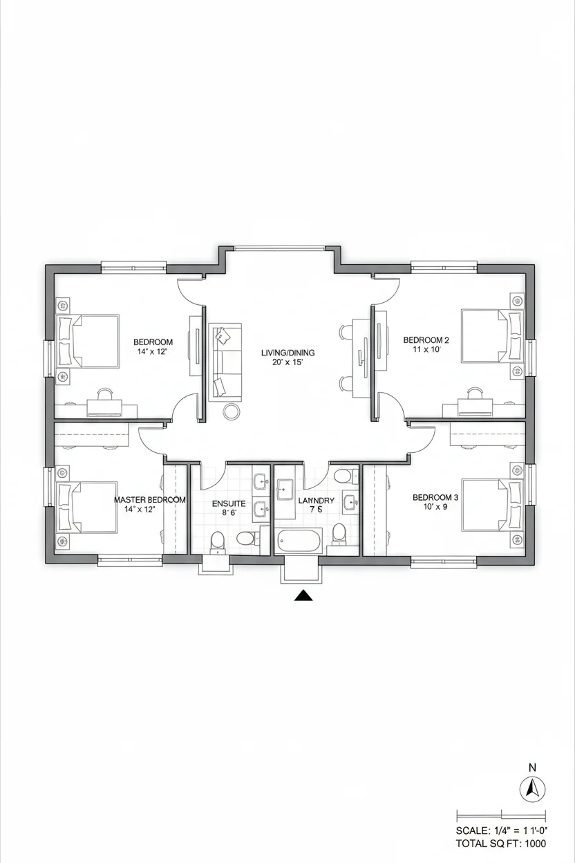 Floor plan layout for 1000 sq ft small house plan #3
