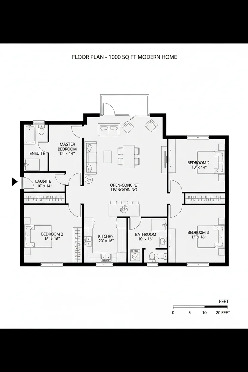 Floor plan layout for 1050 sq ft small house plan #4