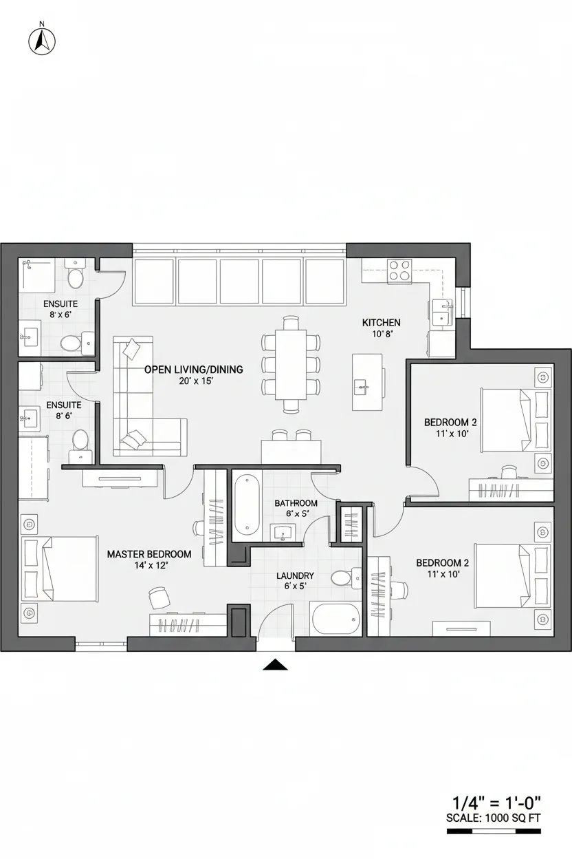 Floor plan layout for 1100 sq ft small house plan #5