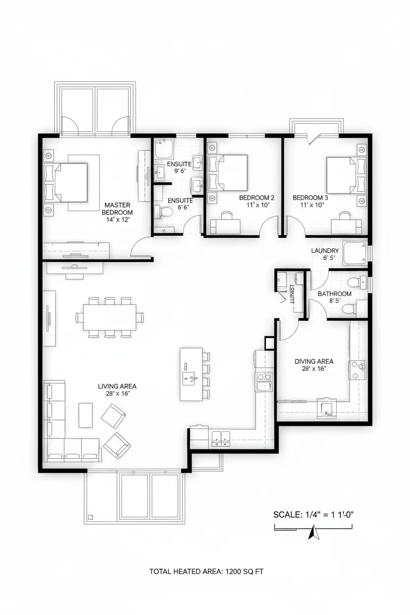 Floor plan layout for 1080 sq ft medium house plan #1