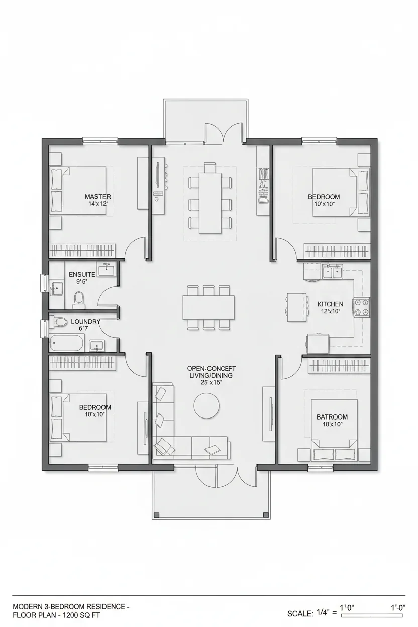 Floor plan layout for 1260 sq ft medium house plan #4