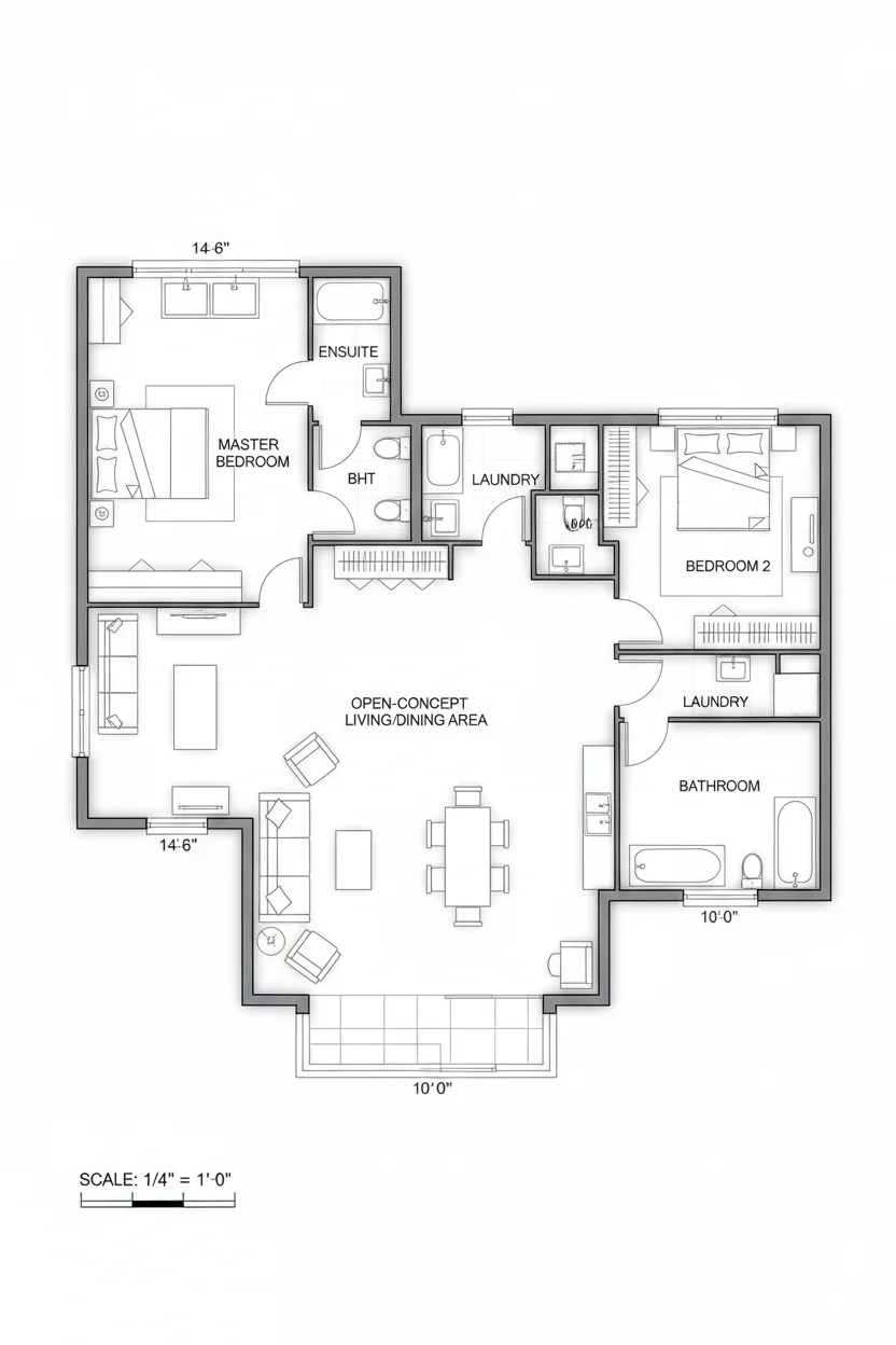 Floor plan layout for 900 sq ft dual-master house plan #1