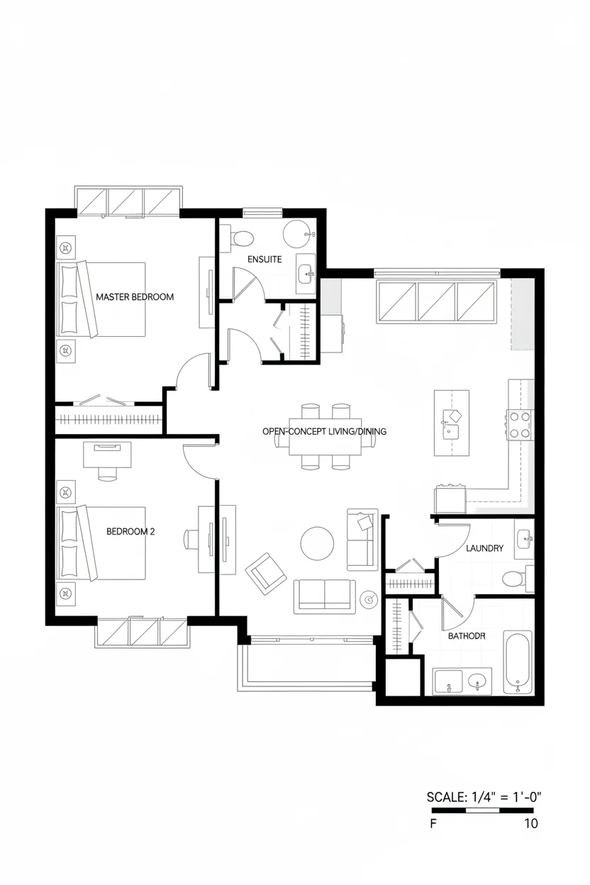 Floor plan layout for 950 sq ft dual-master house plan #2
