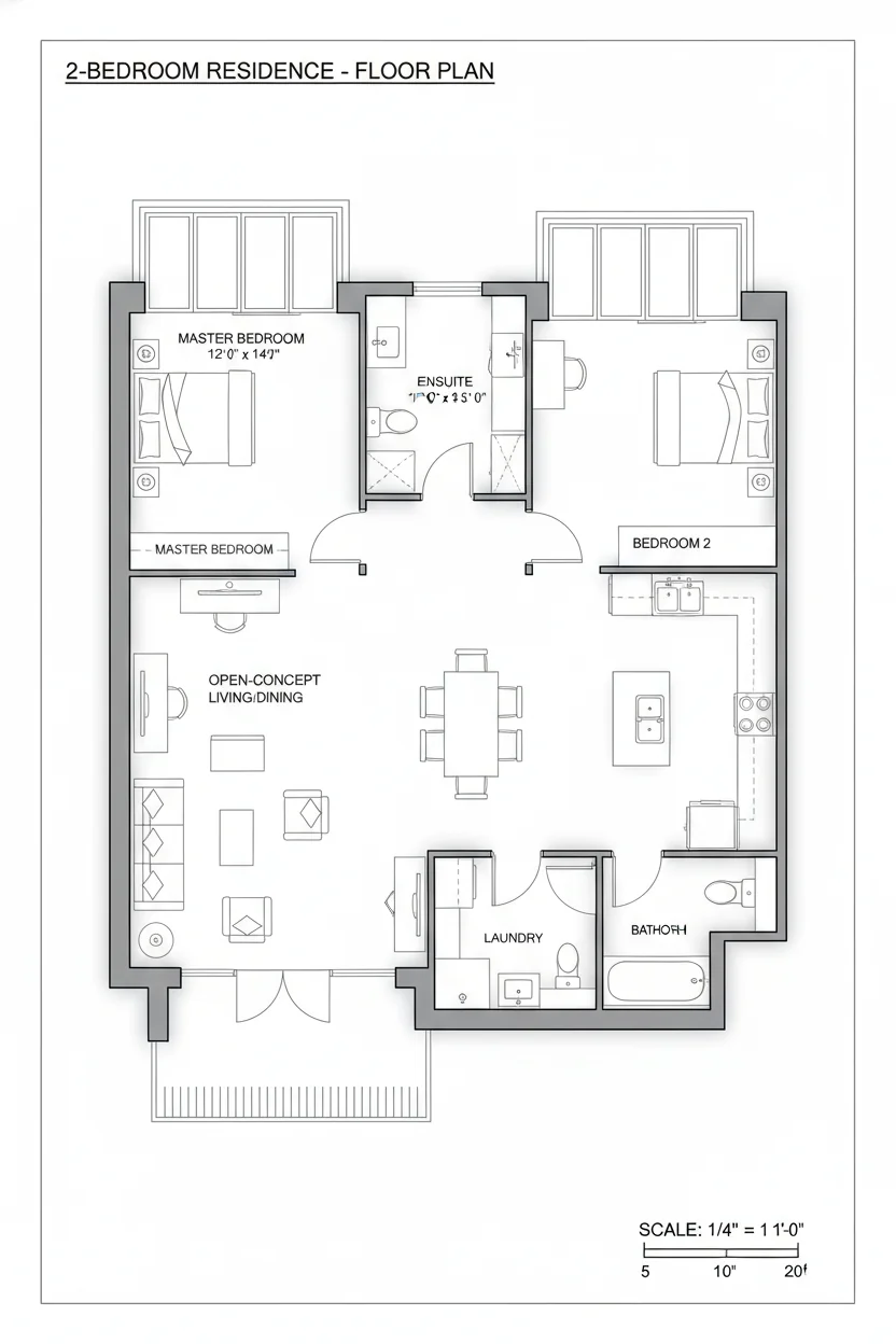 Floor plan layout for 1000 sq ft dual-master house plan #3