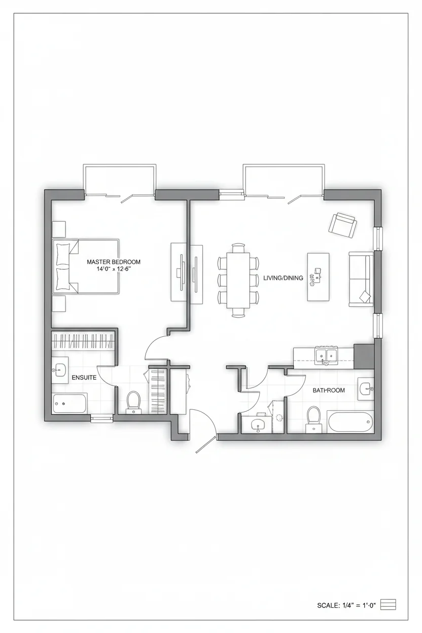 Floor plan layout for 1050 sq ft dual-master house plan #4