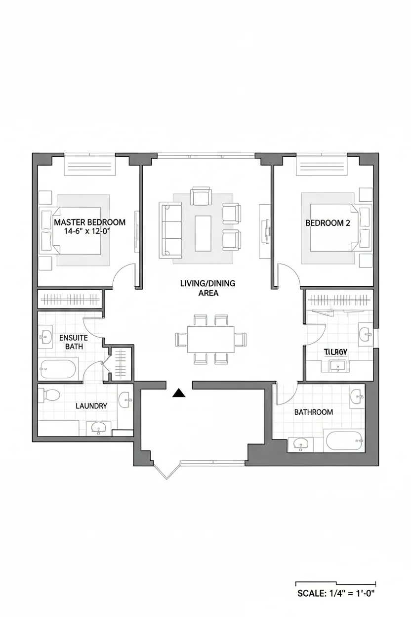 Floor plan layout for 1100 sq ft dual-master house plan #5