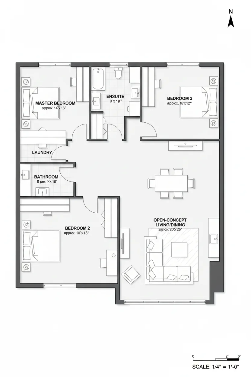 Floor plan layout for 1080 sq ft family house plan #1