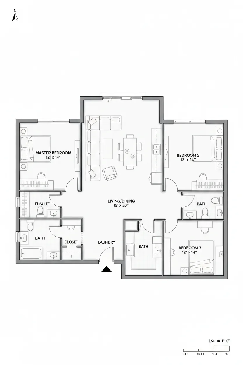 Floor plan layout for 1200 sq ft family house plan #3