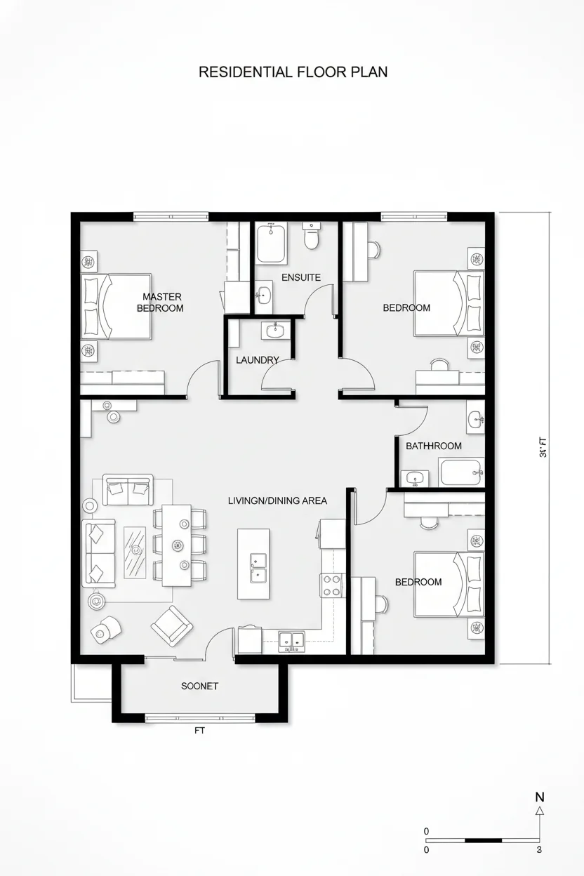 Floor plan layout for 1260 sq ft family house plan #4