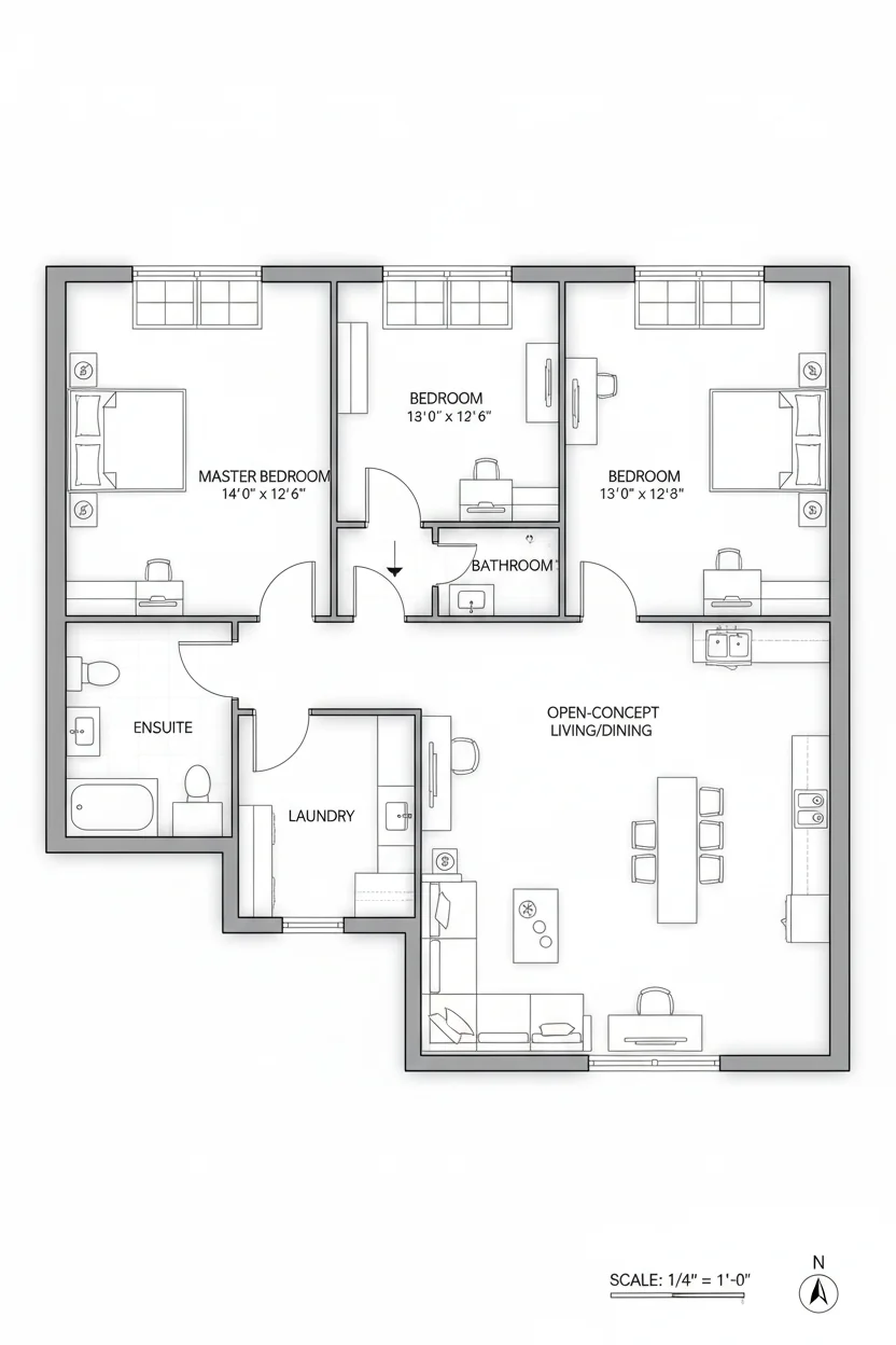 Floor plan layout for 990 sq ft compact-family house plan #1