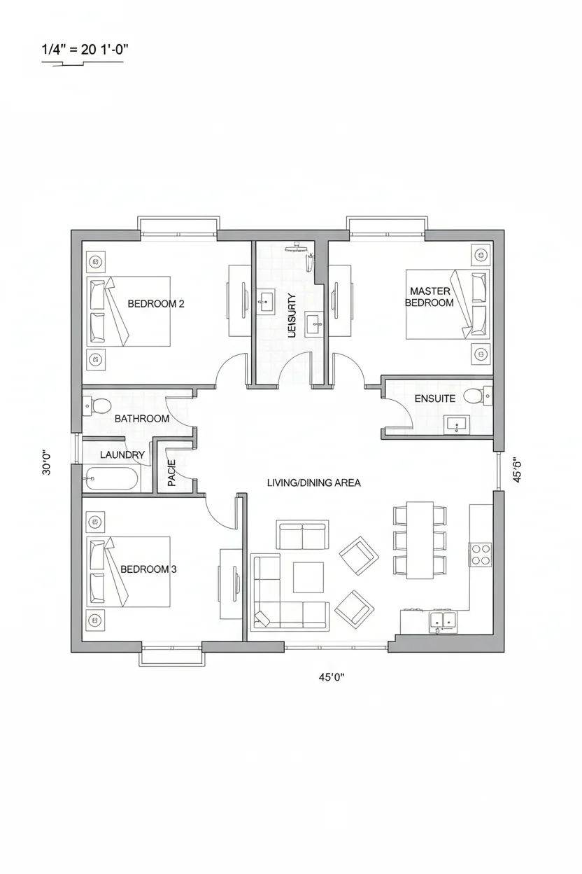 Floor plan layout for 1045 sq ft compact-family house plan #2
