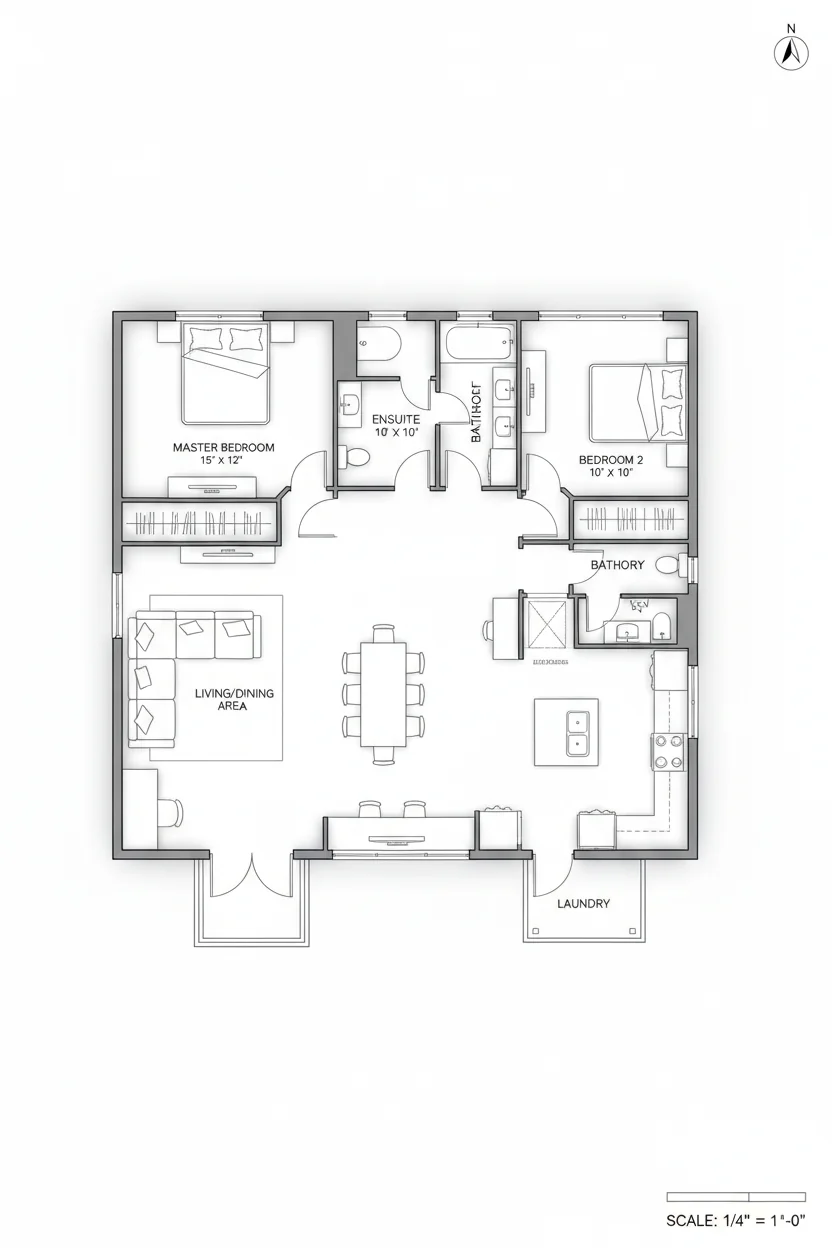 Floor plan layout for 1100 sq ft compact-family house plan #3