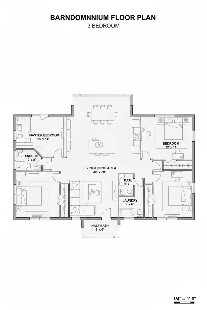 Floor plan layout for 2100 sq ft barndominium house plan #4