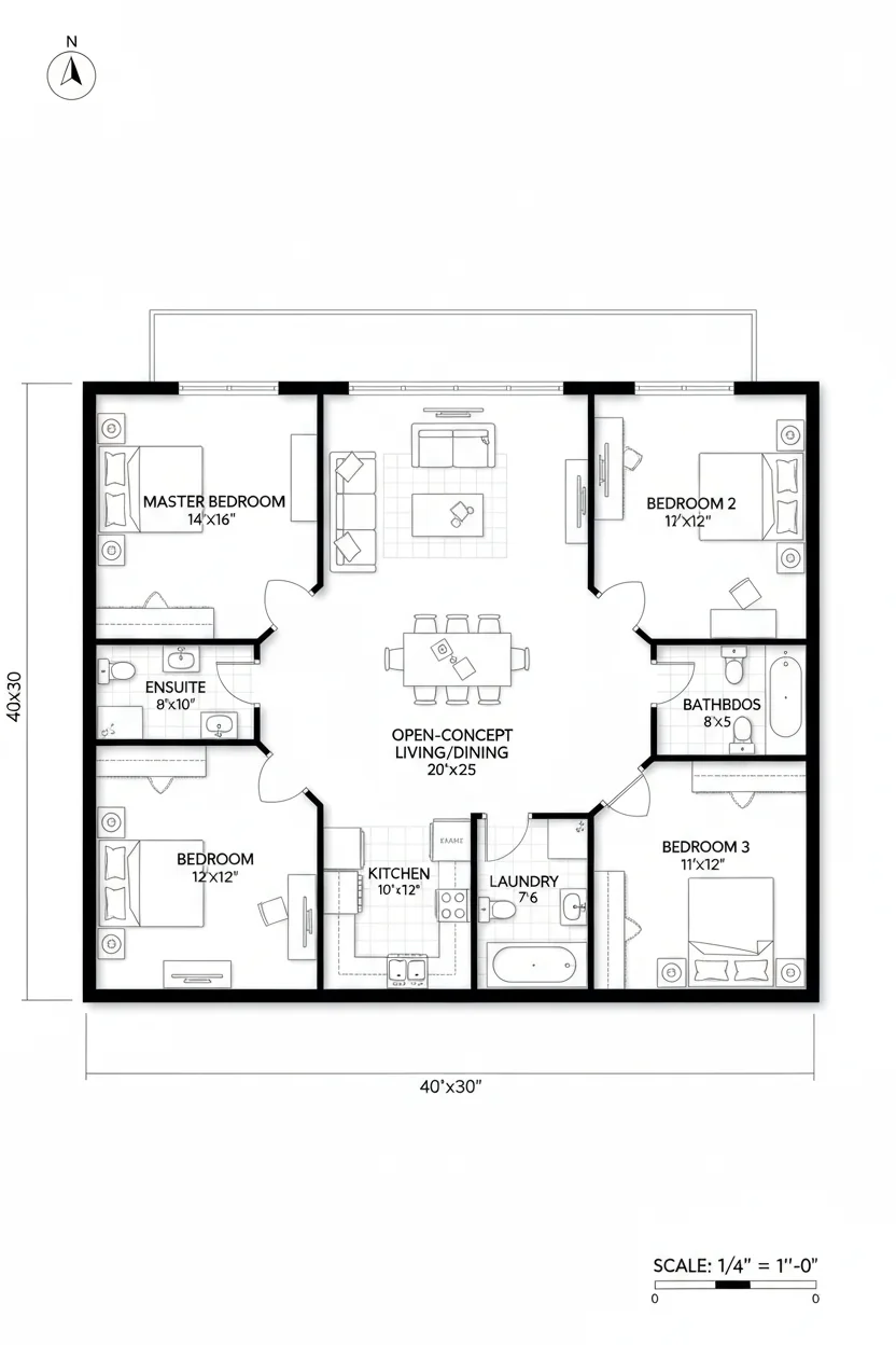 Floor plan layout for 1080 sq ft cottage house plan #1