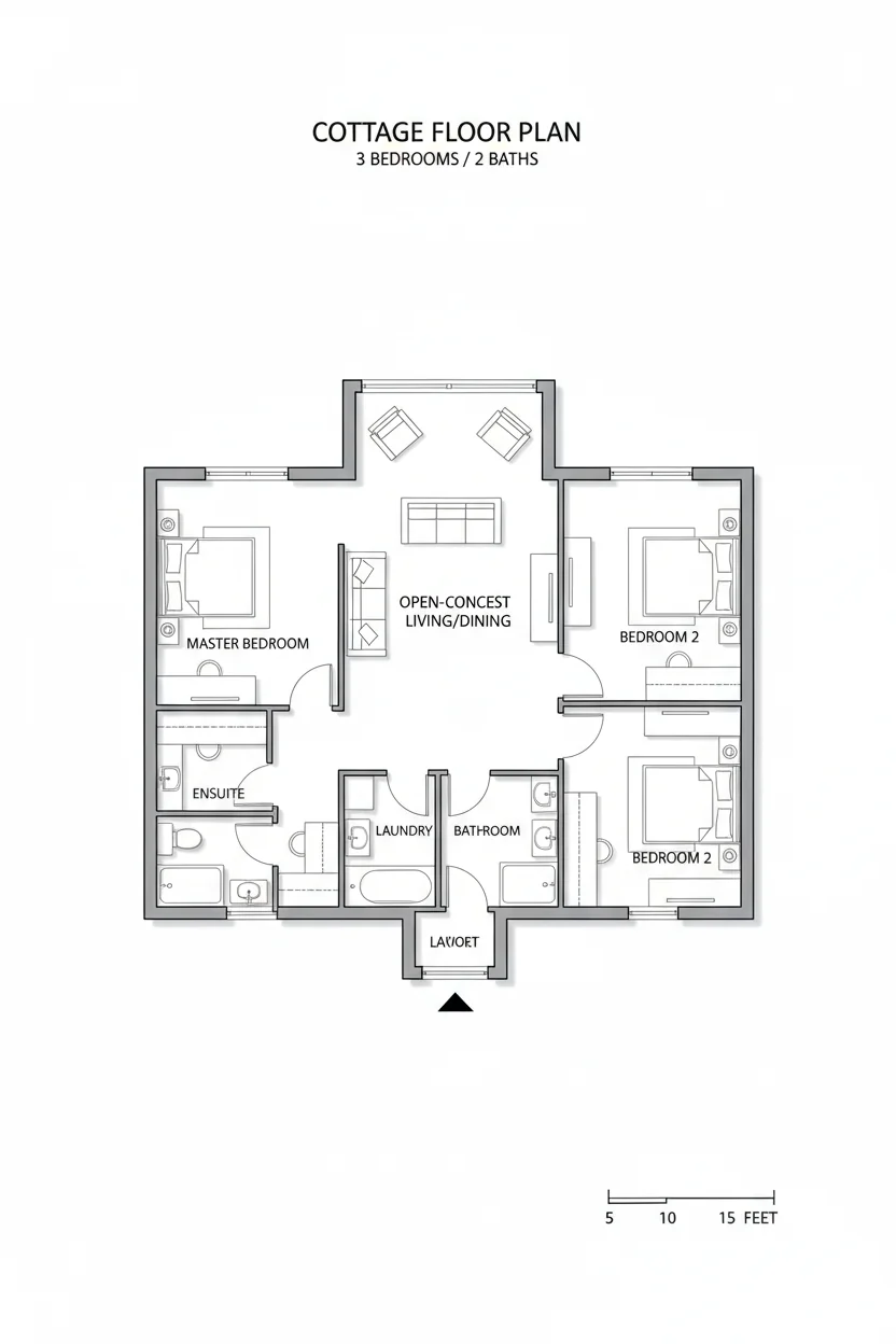 Floor plan layout for 1140 sq ft cottage house plan #2
