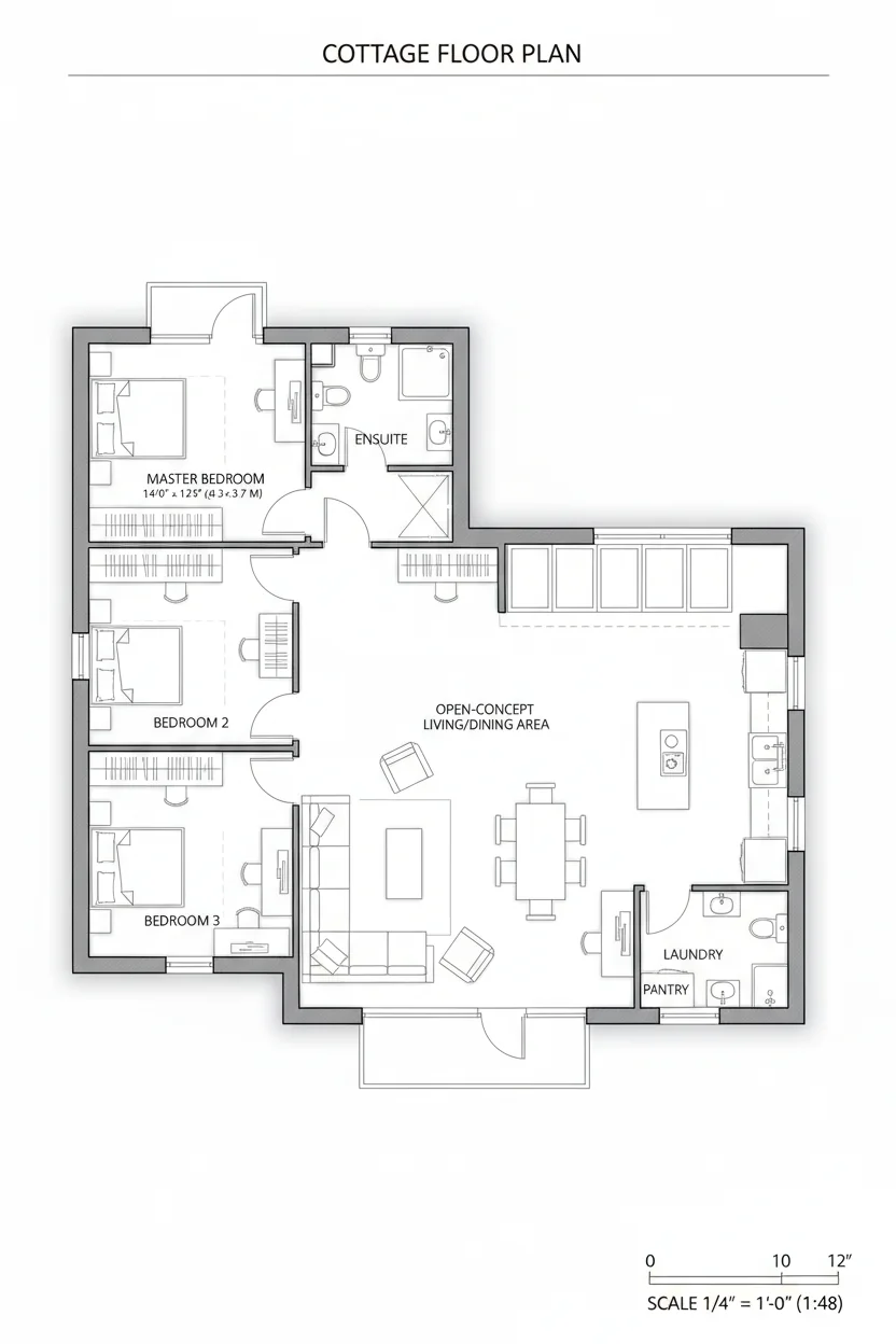 Floor plan layout for 1320 sq ft cottage house plan #5