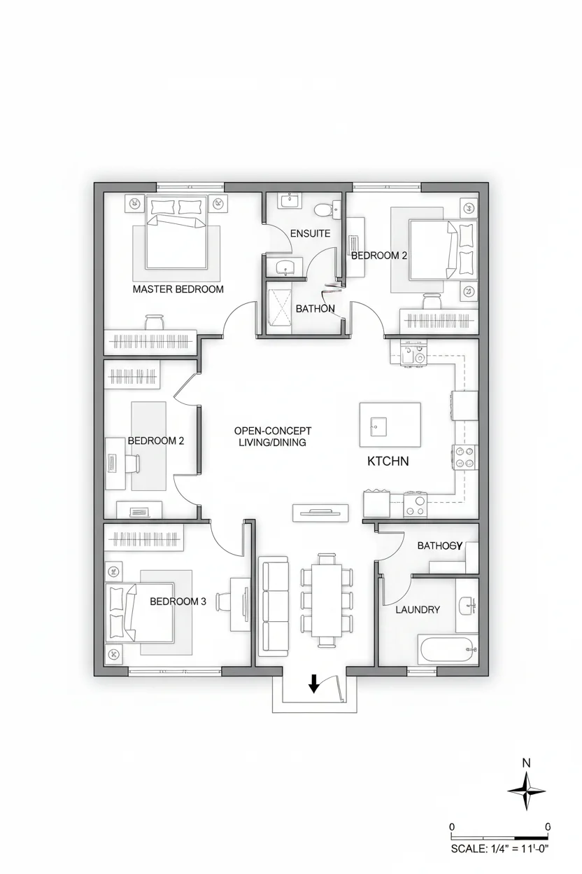 Floor plan layout for 1080 sq ft prefab house plan #1