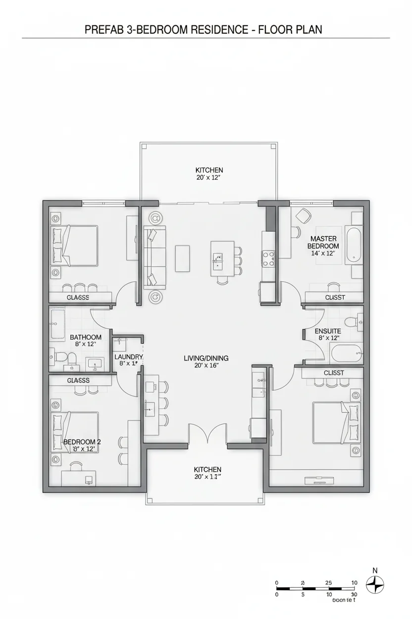 Floor plan layout for 1320 sq ft prefab house plan #5