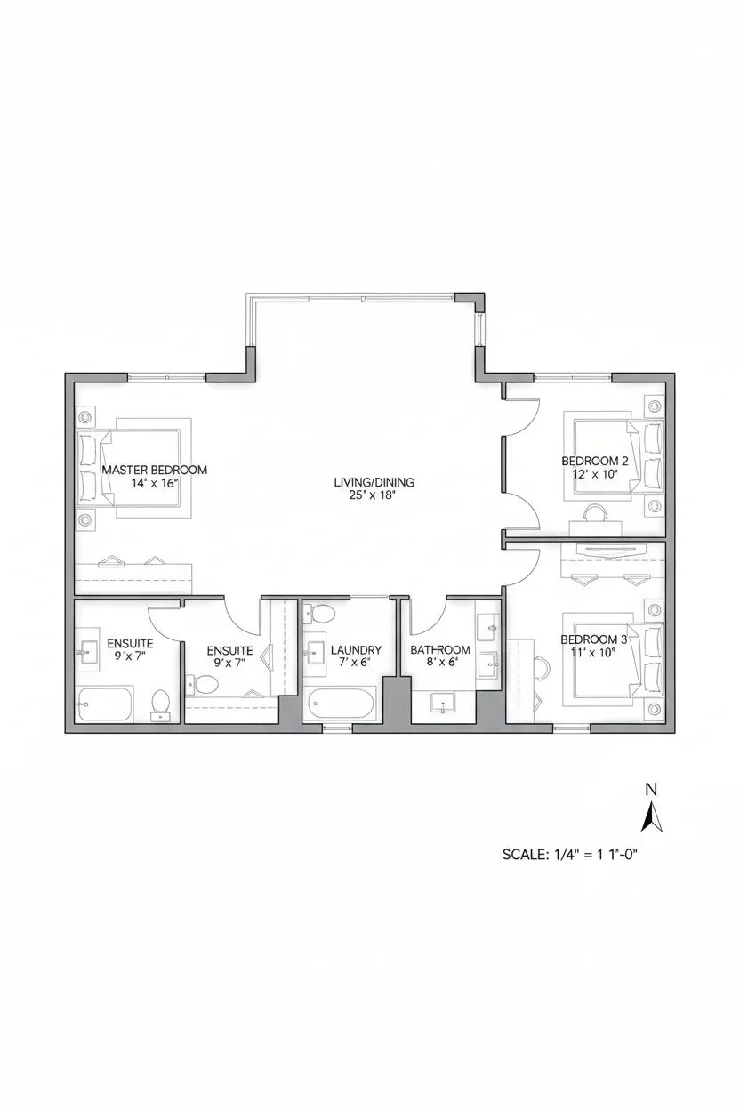 Floor plan layout for 1425 sq ft ranch house plan #2