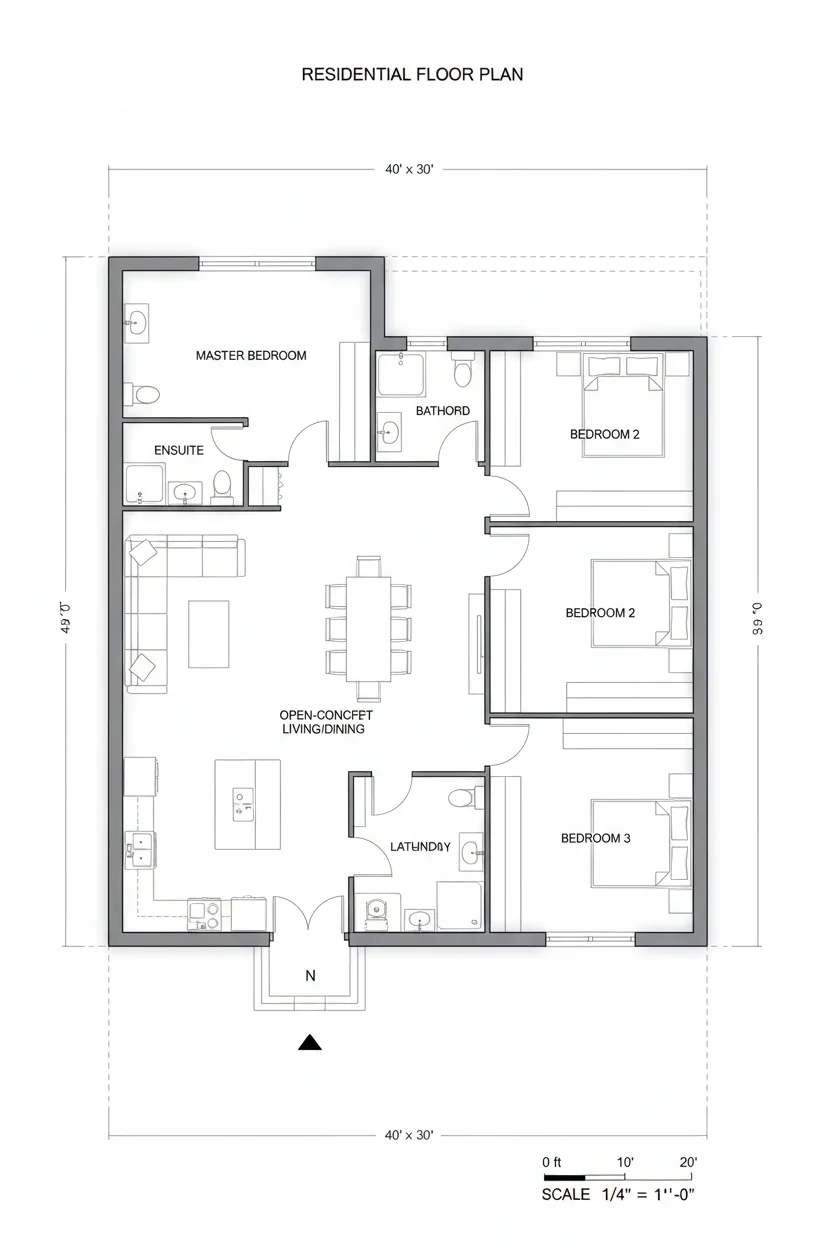 Floor plan layout for 1100 sq ft small house plan #3