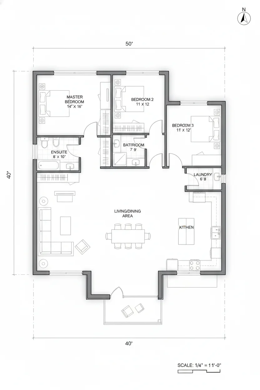 Floor plan layout for 1050 sq ft modern house plan #4