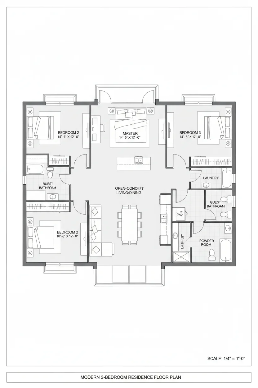 Floor plan layout for 1100 sq ft modern house plan #5